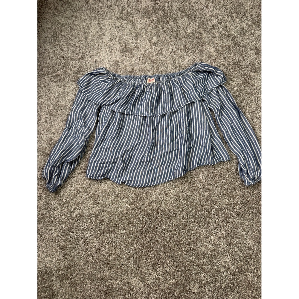 Mossimo Supply Co Blue White Striped Off Shoulder Ruffle Crop Top Small S
